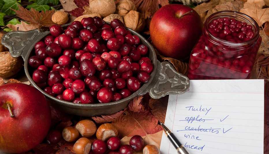 A Thanksgiving shopping list and fresh ingredients ready for make-ahead soups, sides, and desserts.